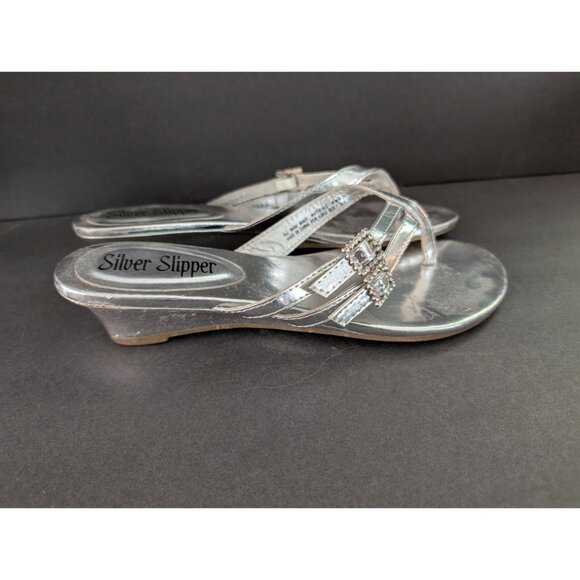 Silver Slipper Womens Metallic Silver Rhinestone Embellished Wedge Sandals Size - Picture 2 of 5